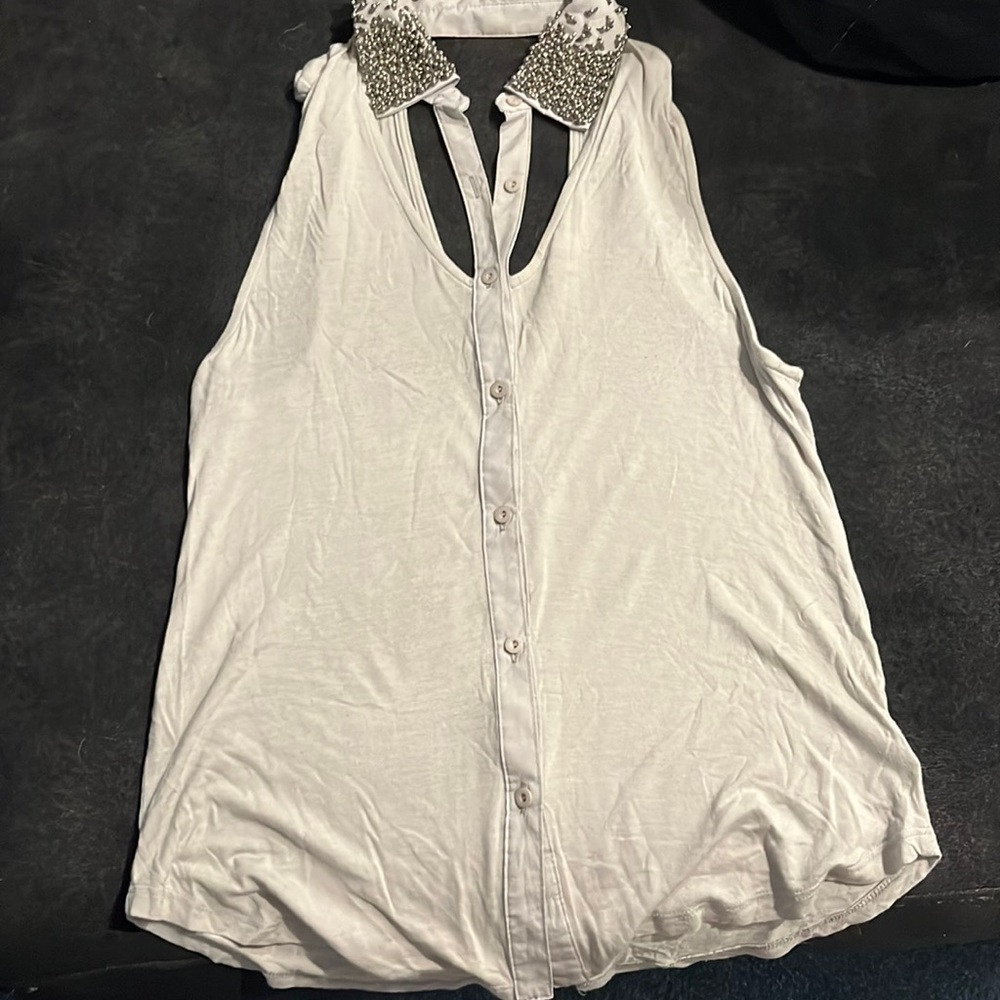 Silence + Noise Top, light gray, gorgeous beaded detail, unique cutouts, Small